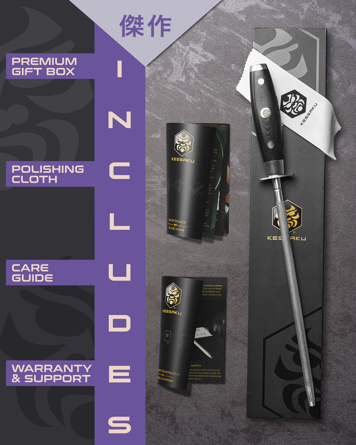 The Kessaku Dynasty Honing Steel comes in a premium gift box with a polishing cloth, care guide, and warranty & support booklet