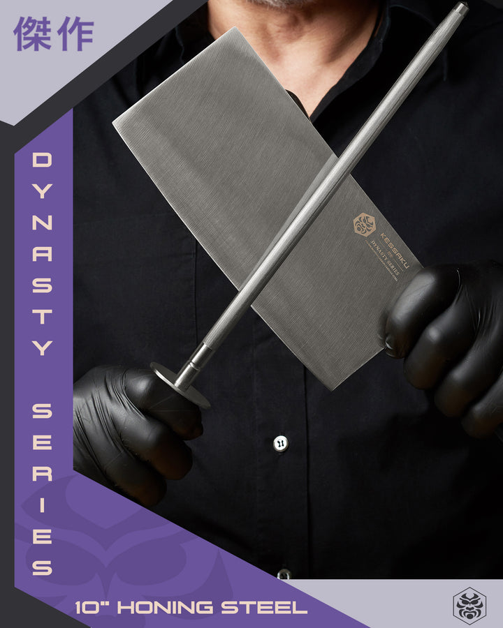 A chef prepare to use the Dynasty Cleaver by honing its blade