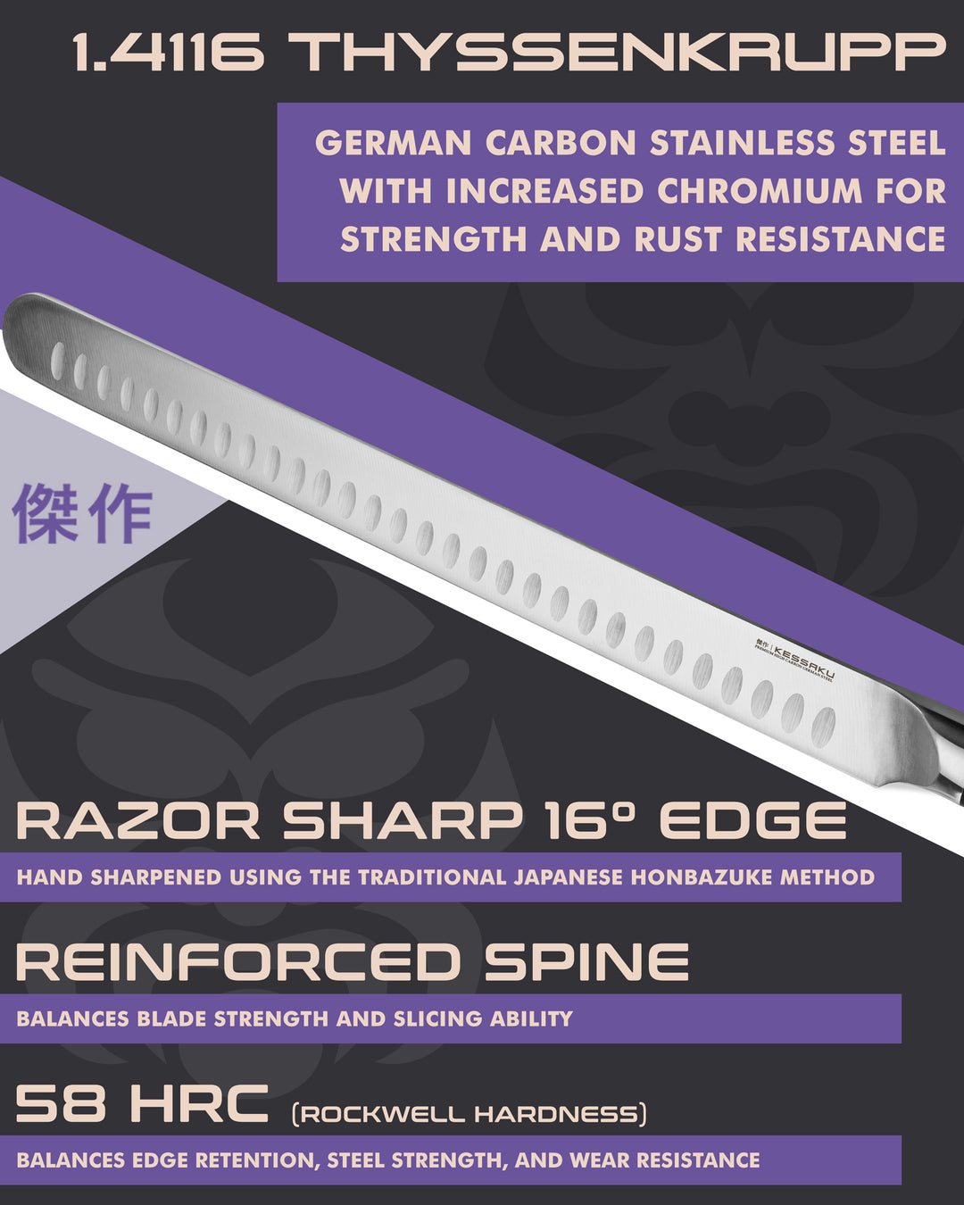 Kessaku Dynasty Carving Knife blade features: 1.4116 German steel, 58 HRC, sharpened to 16 degrees, reinforced spine