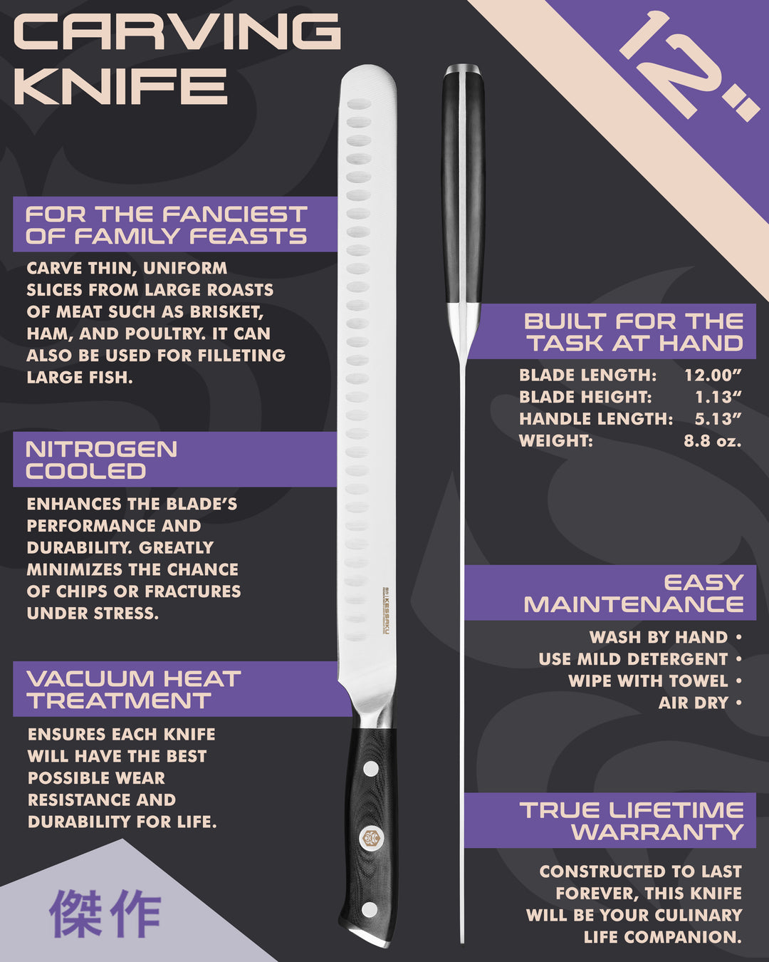 Kessaku Dynasty Series Carving Knife uses, dimensions, maintenance, warranty info, and additional blade treatments