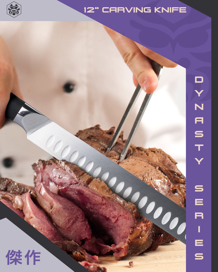 A chef carves a roast using the Dynasty Series Carving knife and meat fork.