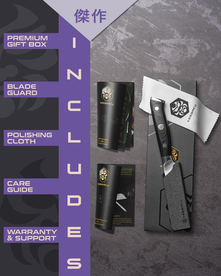 The Kessaku Dynasty Tourne Knife comes in a premium gift box with a blade guard, polishing cloth, care guide, and warranty & support booklet