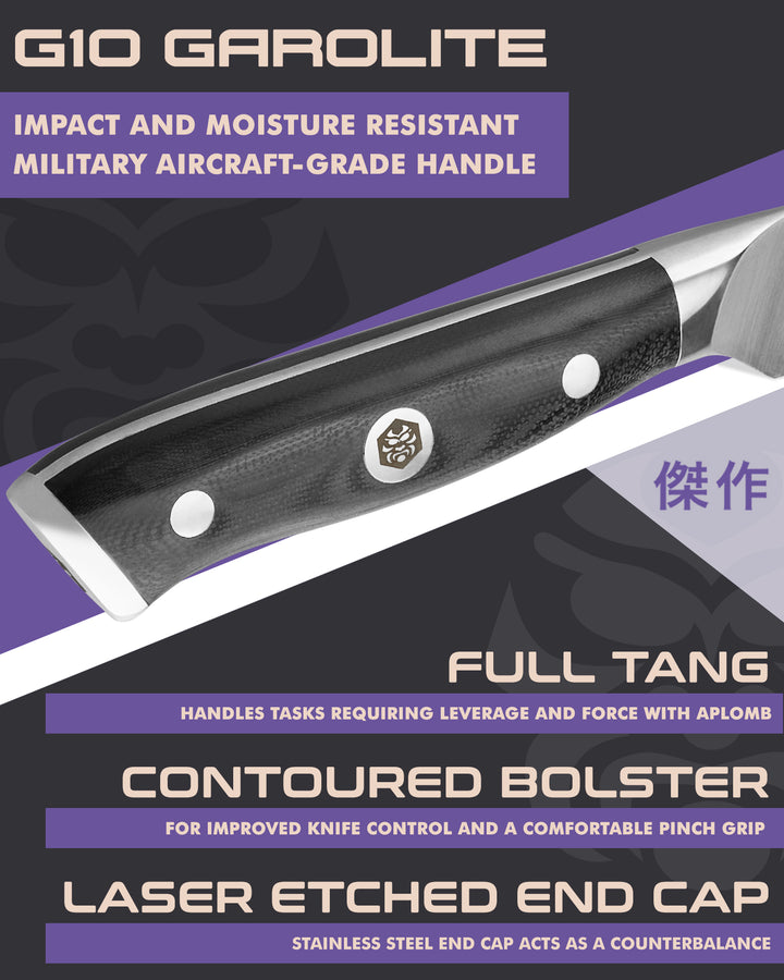 Kessaku Dynasty Paring Knife handle features: G10 handle, full tang, contoured bolster, laser etched end cap