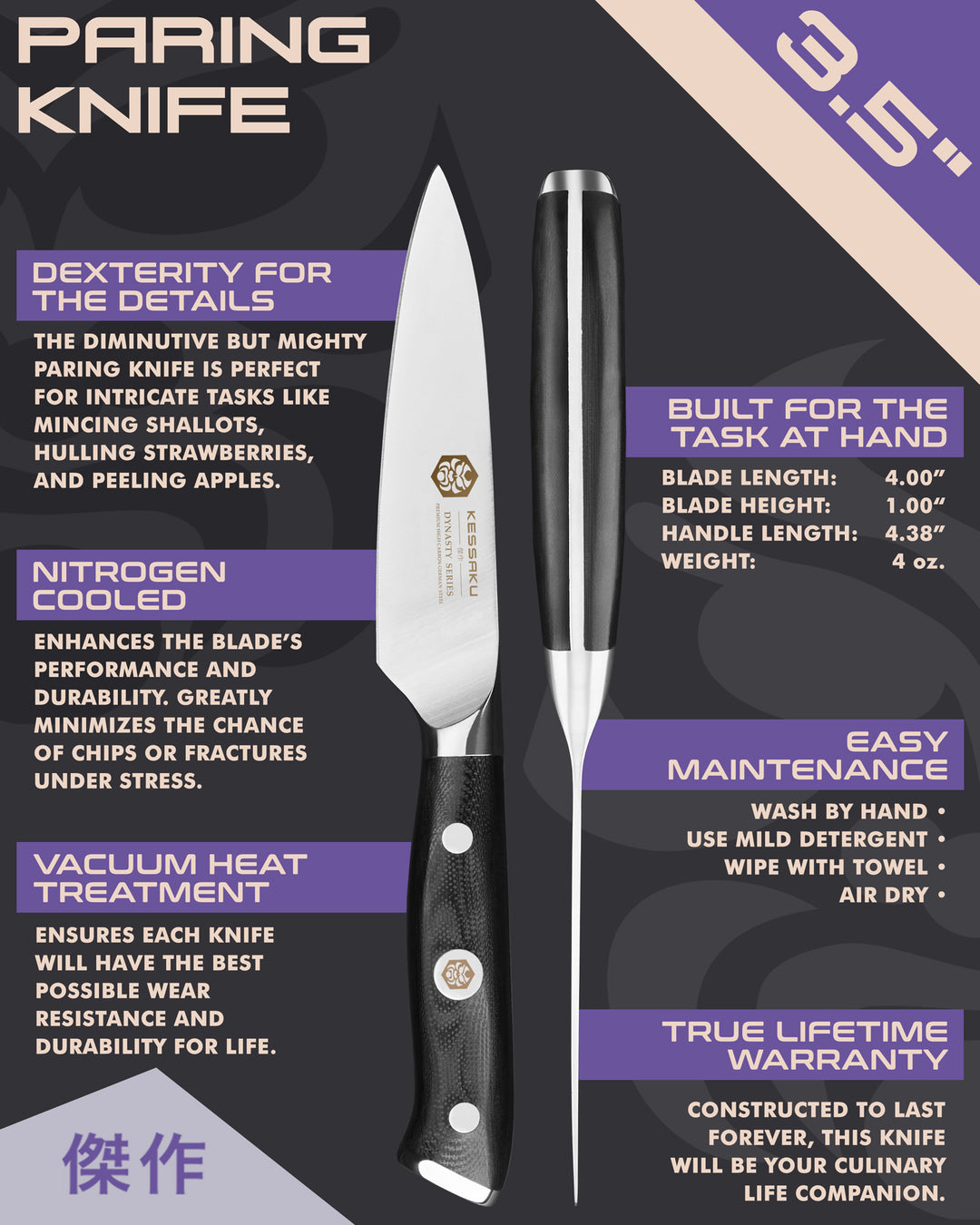Kessaku Dynasty Series Paring Knife uses, dimensions, maintenance, warranty info, and additional blade treatments