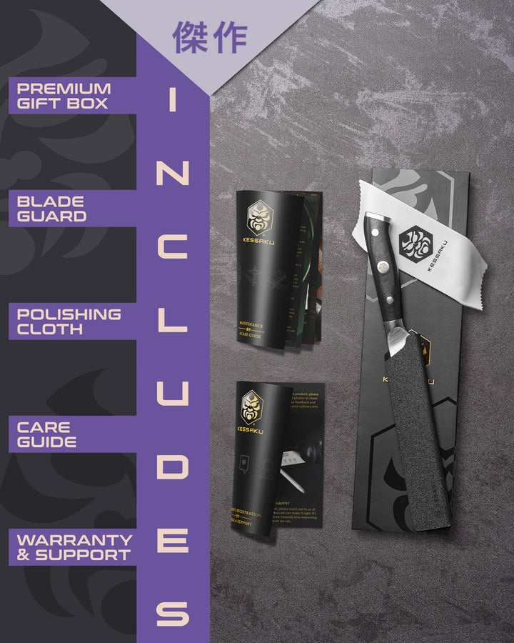 The Kessaku Dynasty Paring Knife comes in a premium gift box with a blade guard, polishing cloth, care guide, and warranty & support booklet