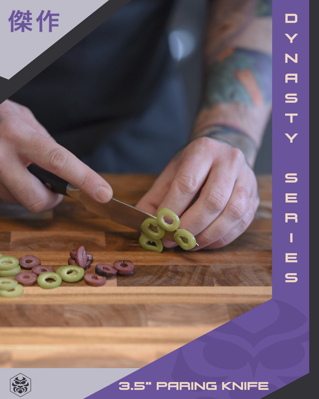 A chef slices olives with the Dynasty Paring Knife