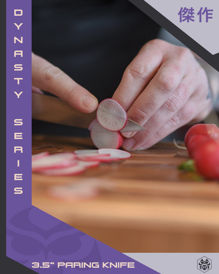 A chef's slices radishes thinly with the Dynasty Paring Knife