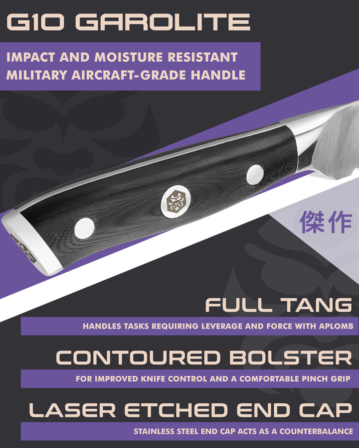 Kessaku Dynasty Steak Knife handle features: G10 handle, full tang, contoured bolster, laser etched end cap