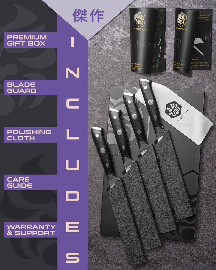 The Kessaku Dynasty Steak Knife comes in a premium gift box with a blade guard, polishing cloth, care guide, and warranty & support booklet