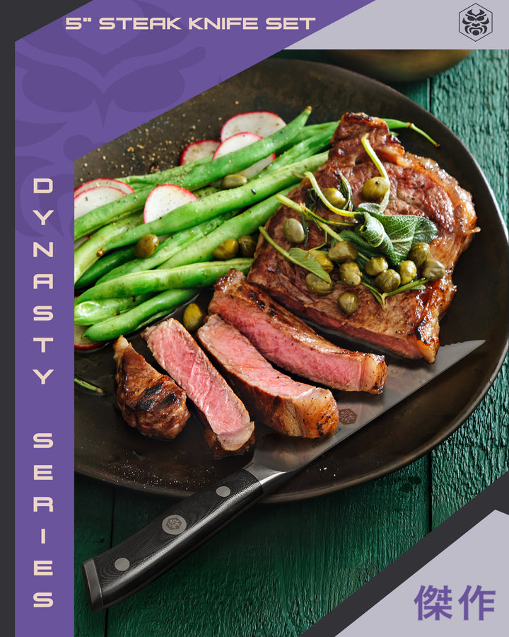 The Dynasty Steak Knife with sliced steak, radishes, and green beans