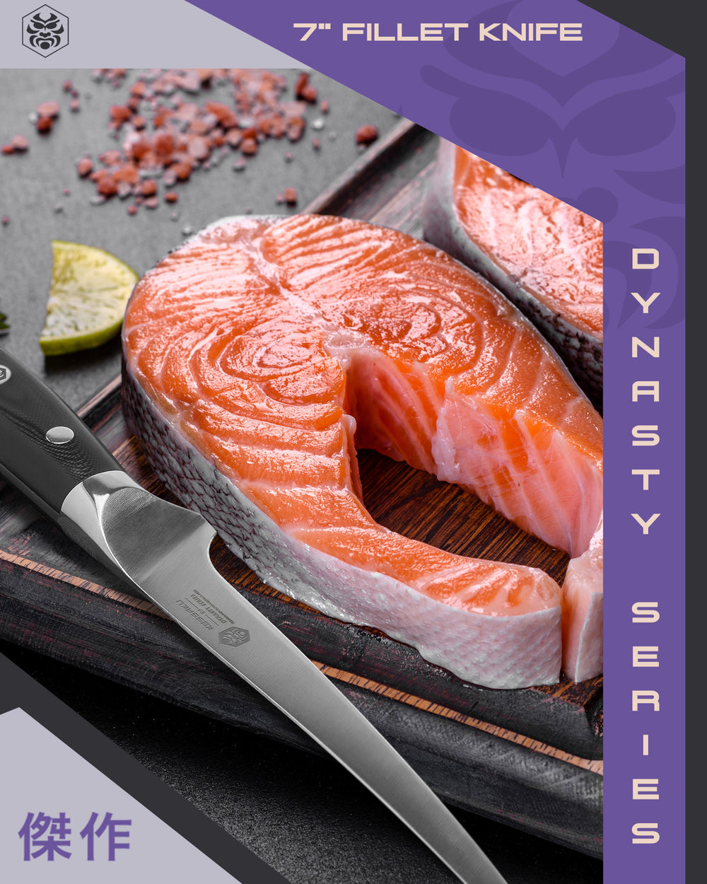 Perfectly trimmed salmon steaks, a slice of lemon, and the Dynasty Fillet Knife