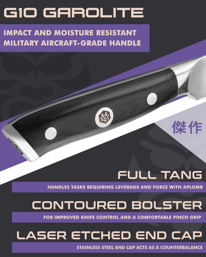Kessaku Dynasty Utility Knife handle features: G10 handle, full tang, contoured bolster, laser etched end cap