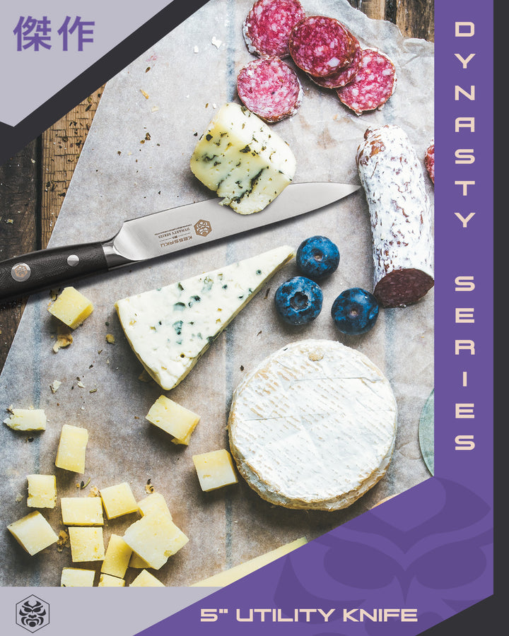 The Dynasty Utility Knife with sliced cheeses, cured meats, and passionfruit
