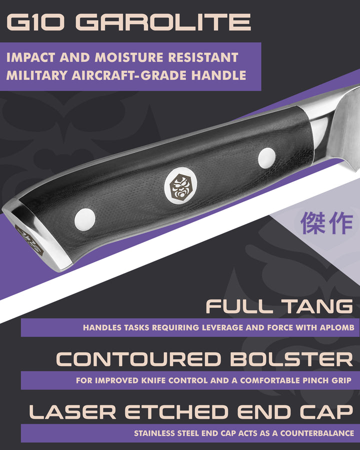 Kessaku Dynasty Boning Knife handle features: G10 handle, full tang, contoured bolster, laser etched end cap