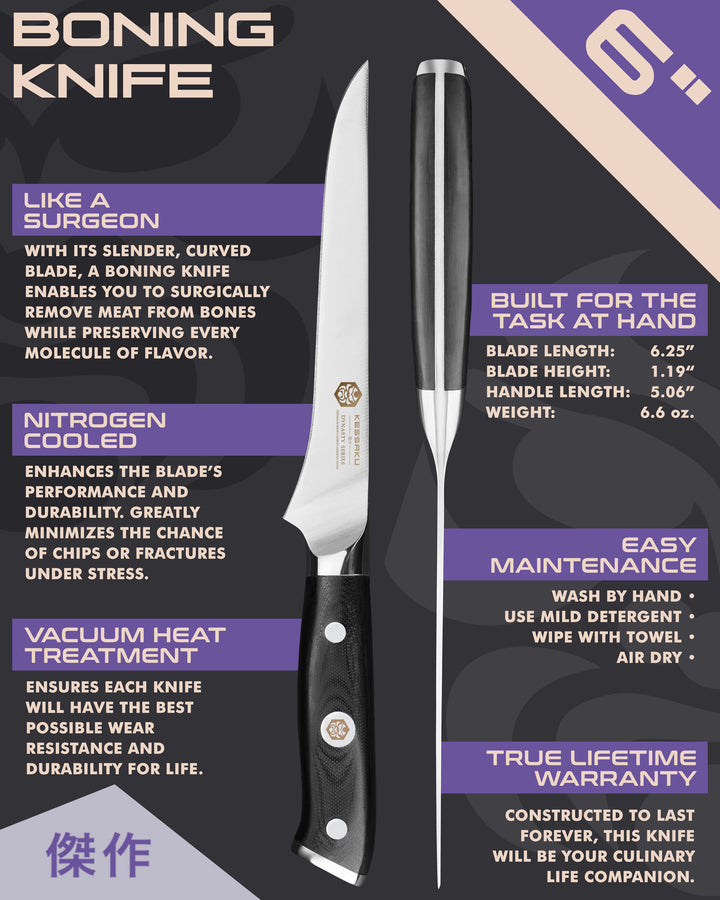 Kessaku Dynasty Series Boning Knife uses, dimensions, maintenance, warranty info, and additional blade treatments