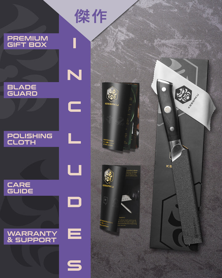 The Kessaku Dynasty Boning Knife comes in a premium gift box with a blade guard, polishing cloth, care guide, and warranty & support booklet