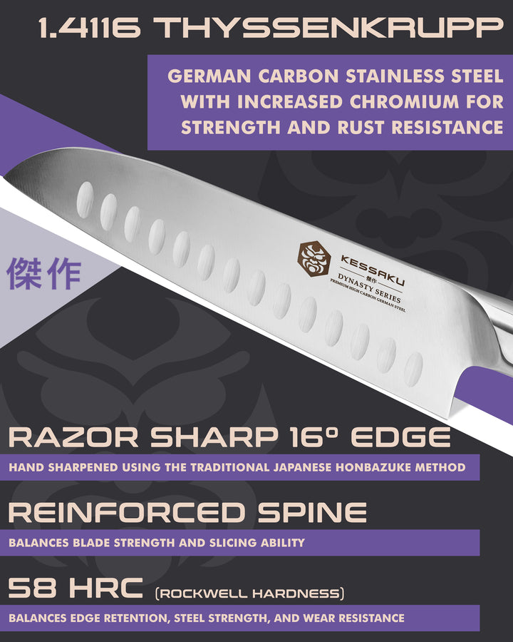 Kessaku Dynasty Paring Knife blade features: 1.4116 German steel, 58 HRC, sharpened to 16 degrees, reinforced spine