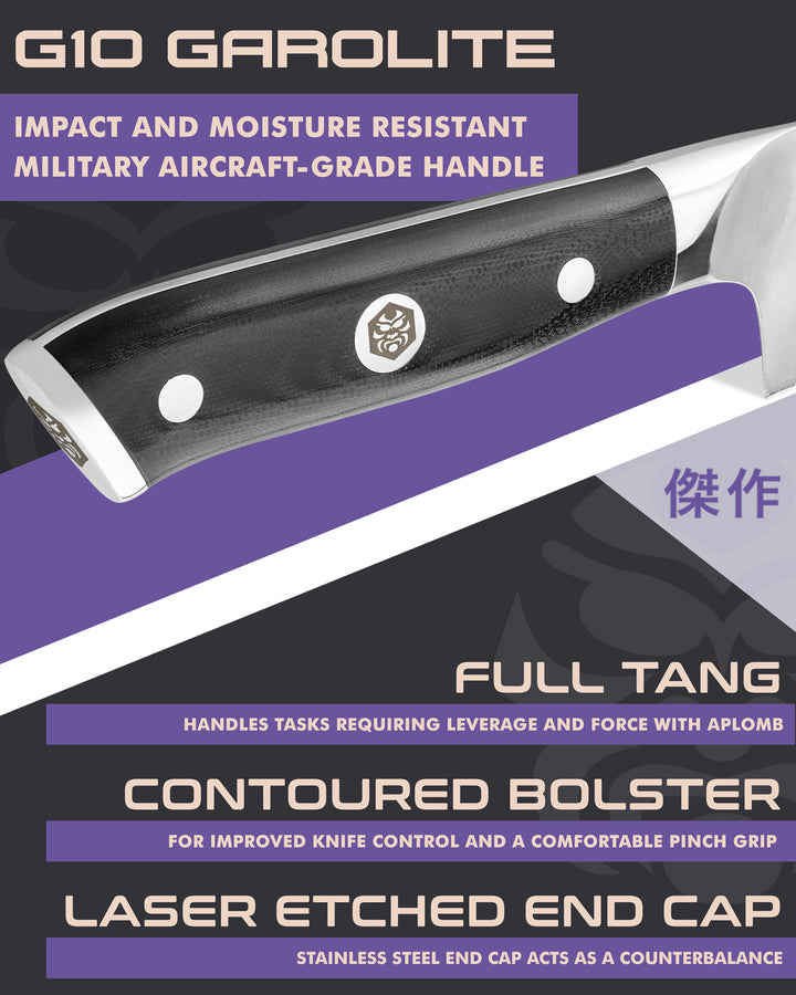 Kessaku Dynasty Paring Knife handle features: G10 handle, full tang, contoured bolster, laser etched end cap