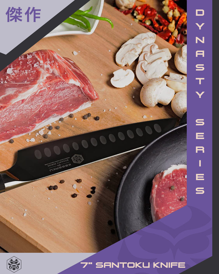 The Dynasty Santoku used to prepare steak, mushrooms, and green beans