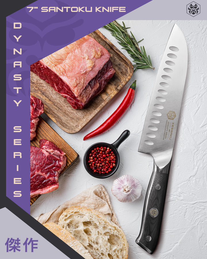 The Dynasty Santoku with various cuts of beef, sliced bread, onion, hot red pepper, rosemary, and peppercorns