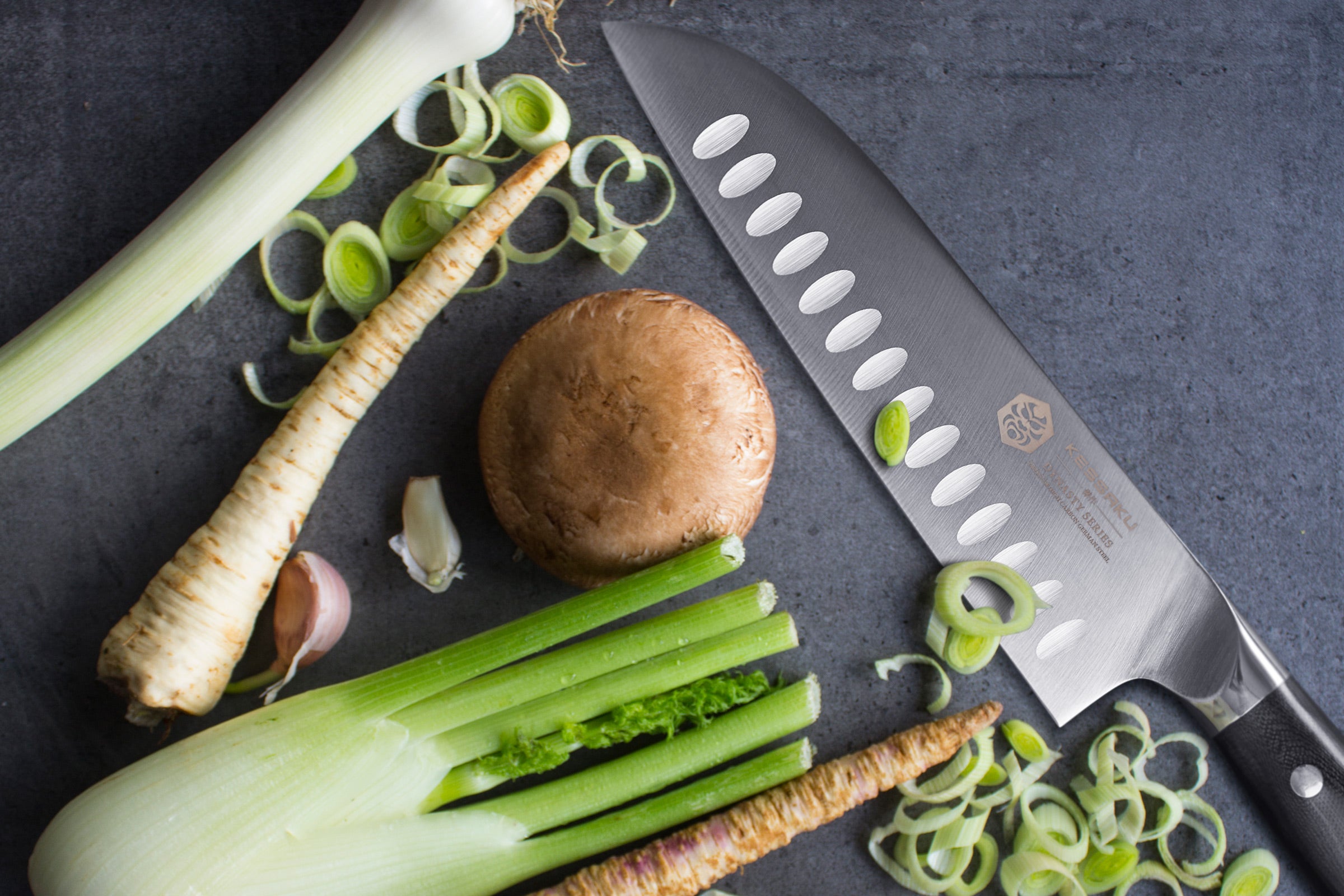 The Dynasty Santoku after slicing celery