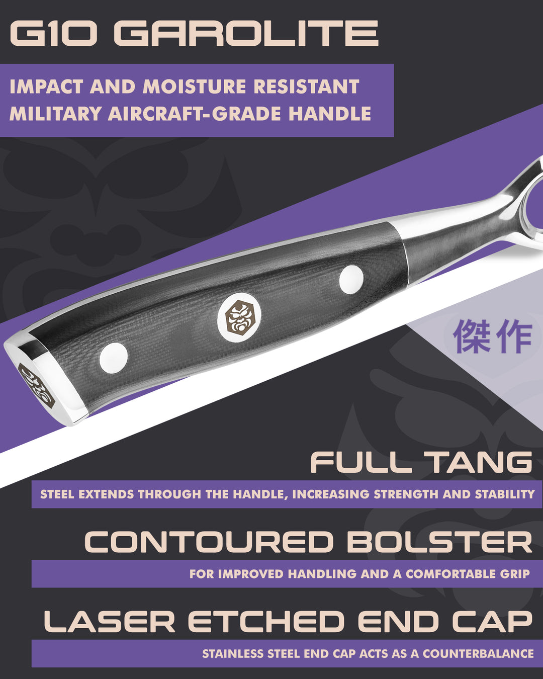 Kessaku Dynasty Carving Fork handle features: G10 handle, full tang, contoured bolster, laser etched end cap