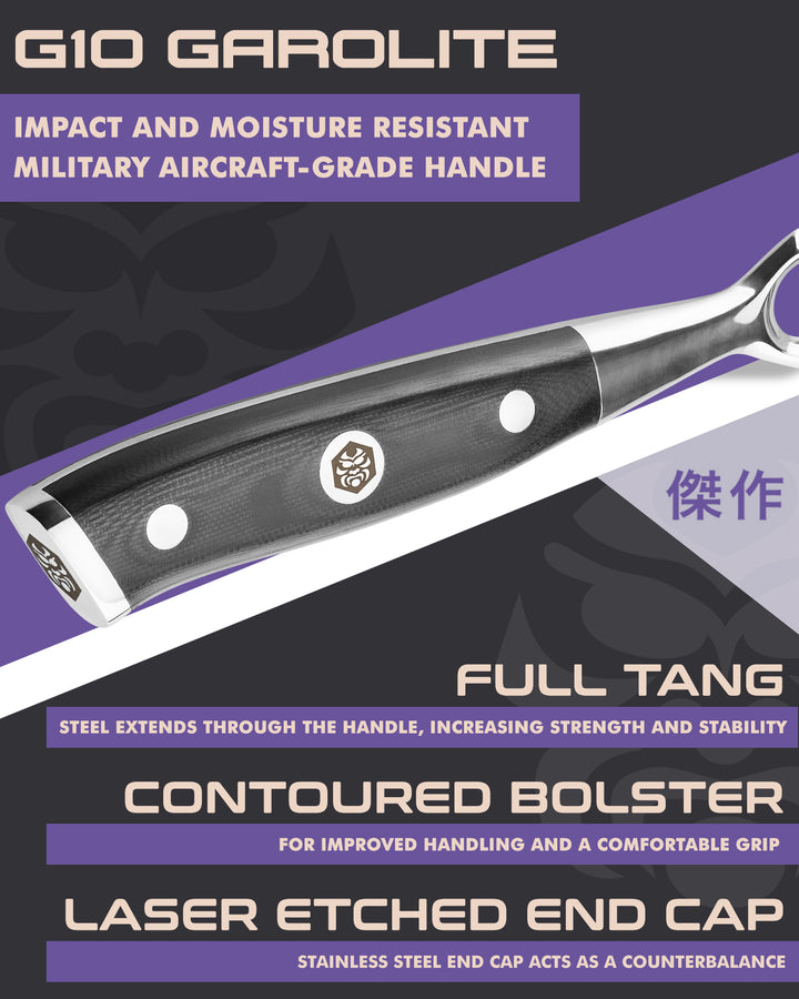 Kessaku Dynasty Carving Fork handle features: G10 handle, full tang, contoured bolster, laser etched end cap