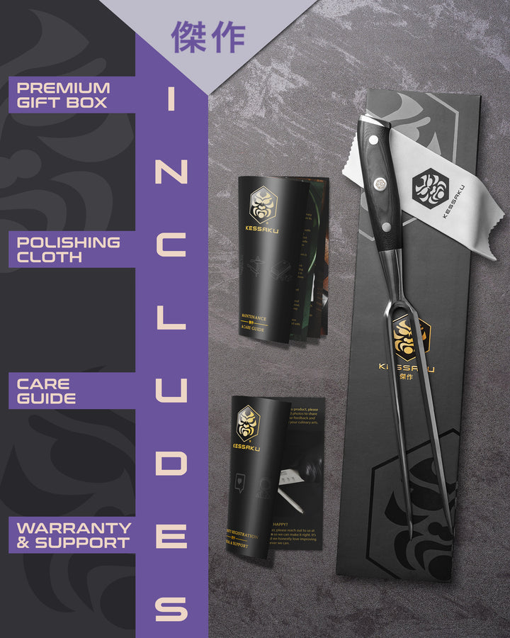 The Kessaku Dynasty Carving Fork comes in a premium gift box with a polishing cloth, care guide, and warranty & support booklet