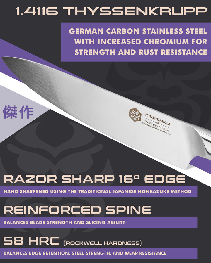 Kessaku Dynasty Chef's Knife blade features: 1.4116 German steel, 58 HRC, sharpened to 16 degrees, reinforced spine