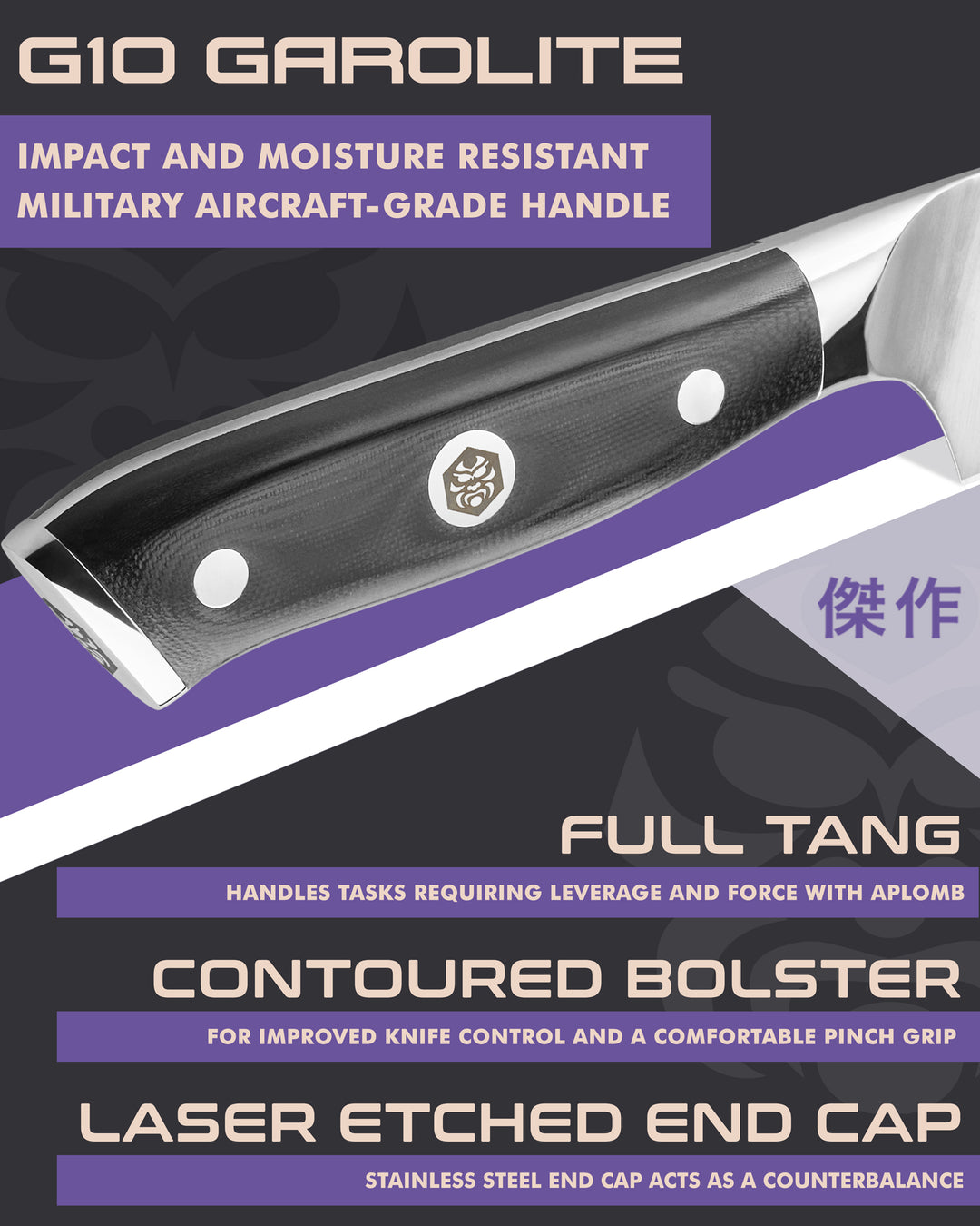 Kessaku Dynasty Chef's Knife handle features: G10 handle, full tang, contoured bolster, laser etched end cap