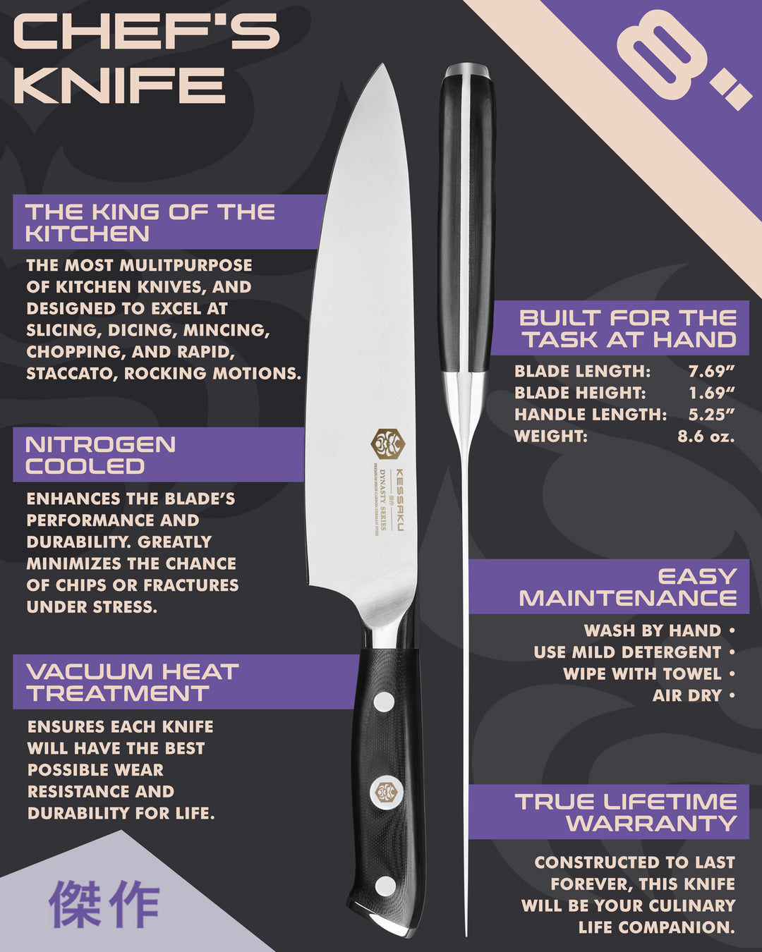 Kessaku Dynasty Series Chef's Knife uses, dimensions, maintenance, warranty info, and additional blade treatments