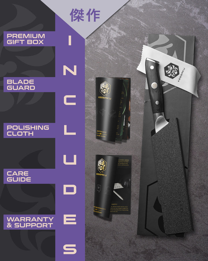 The Kessaku Dynasty Chef's Knife comes in a premium gift box with a blade guard, polishing cloth, care guide, and warranty & support booklet