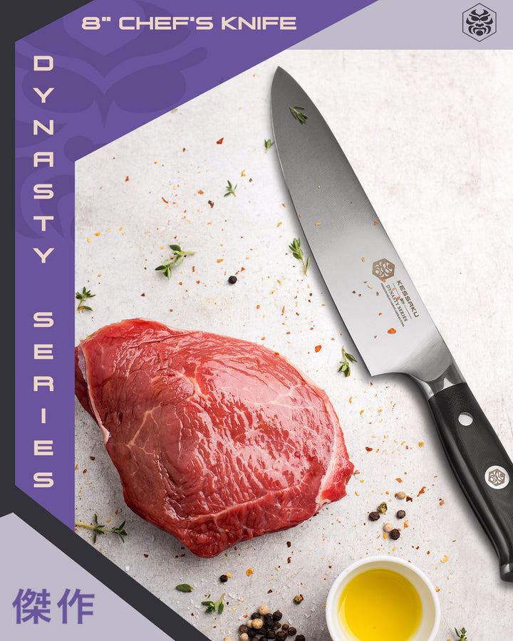 The Dynasty Chef Knife with a large steak, seasoning, and drawn butter