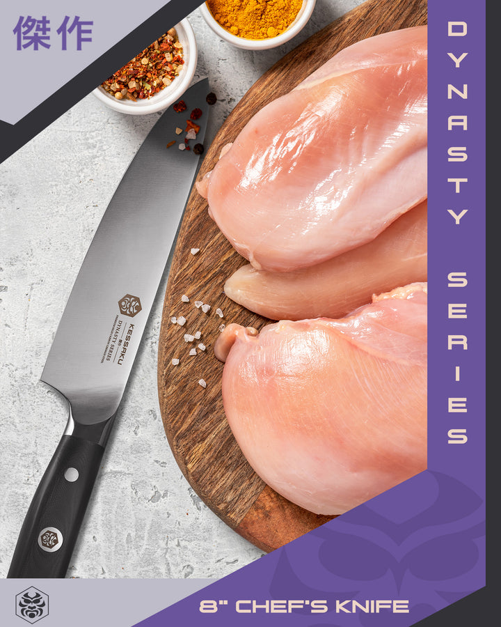 The Dynasty Chef's Knife with chicken breasts and seasoning.