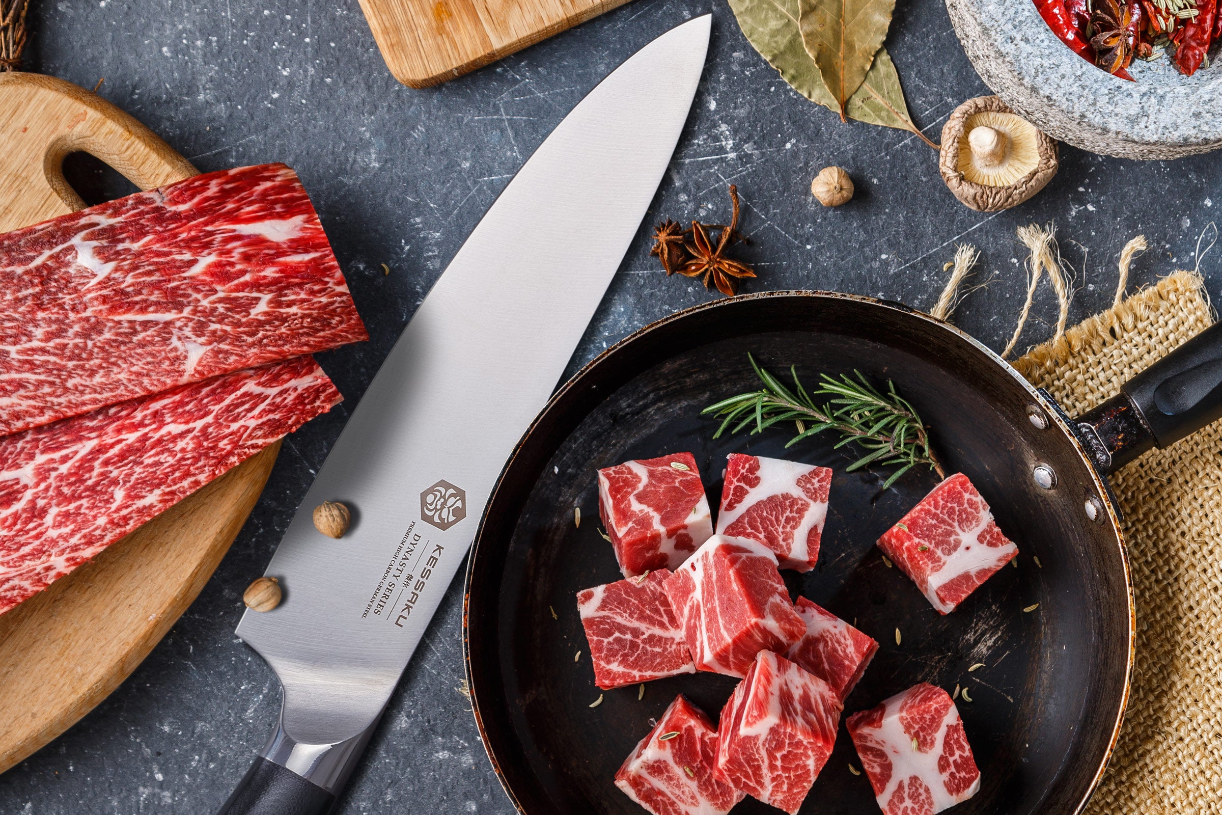 The Dynasty Chef's Knife after slicing perfect cubes of steak.