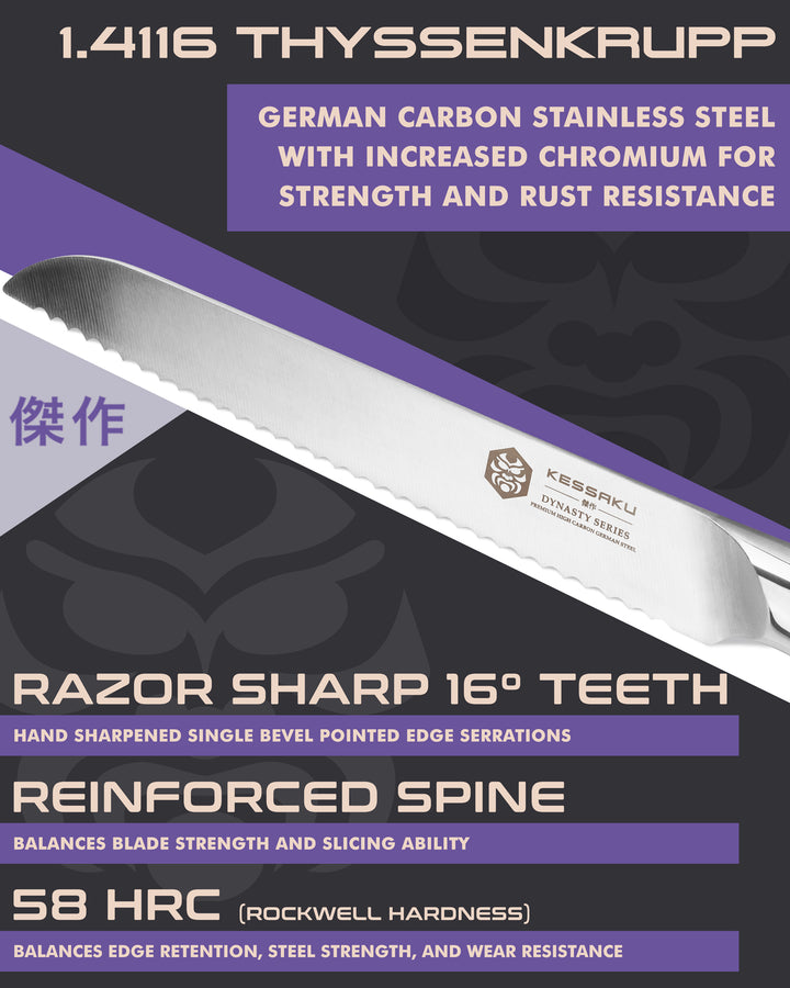 Kessaku Dynasty Nakiri Knife blade features: 1.4116 German steel, 58 HRC, sharpened to 16 degrees, reinforced spine