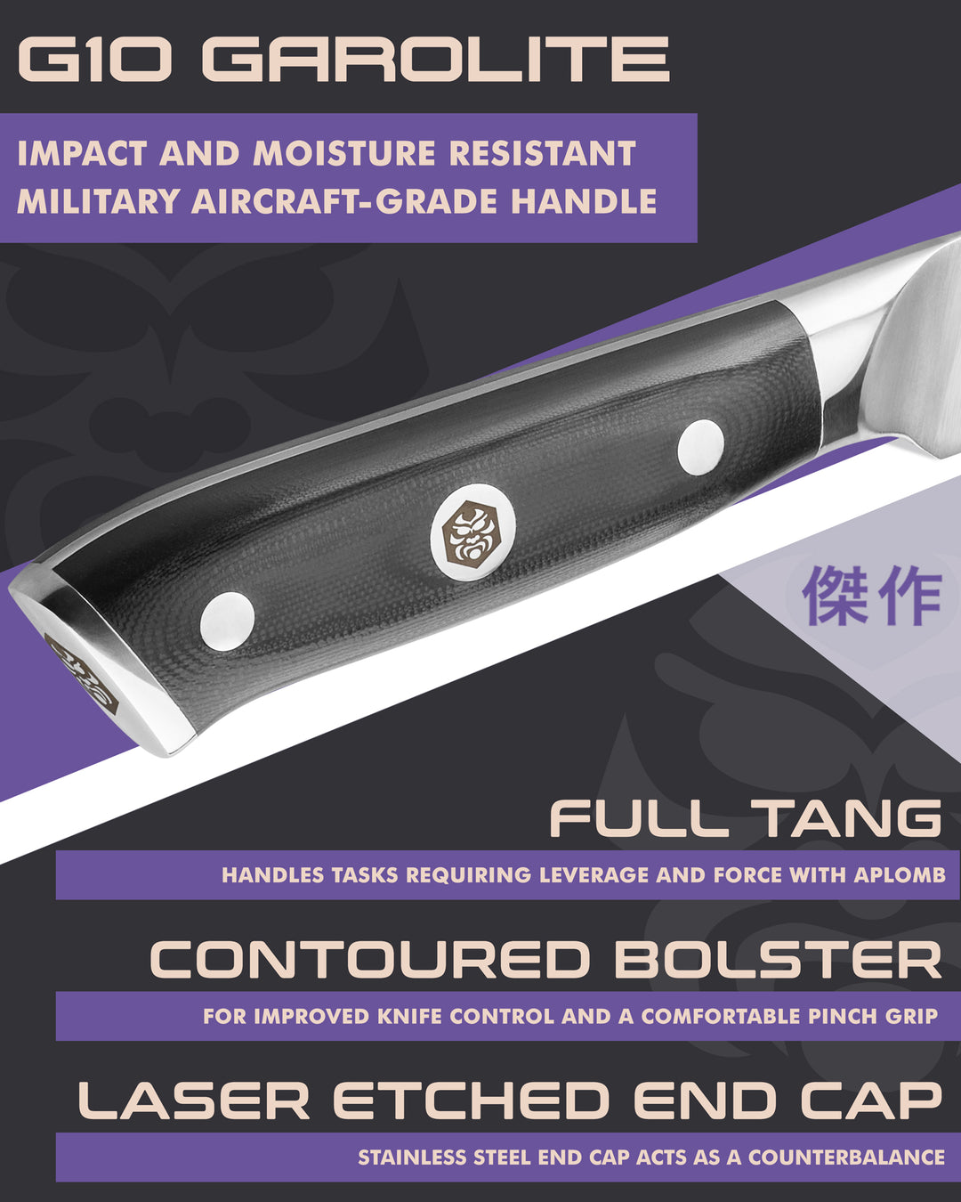 Kessaku Dynasty Nakiri Knife handle features: G10 handle, full tang, contoured bolster, laser etched end cap