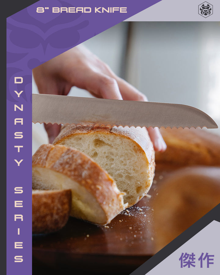 A woman slices bread with the Dynasty Bread Knife