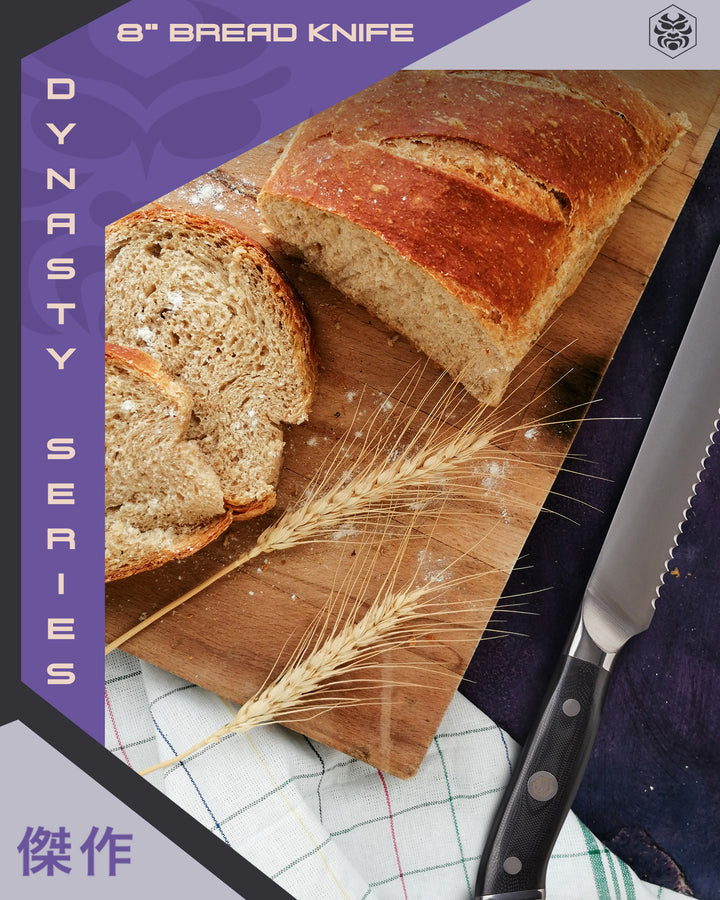 A sliced loaf of bread, wheat, and flour on a cutting board next to the Dynasty Bread Knife