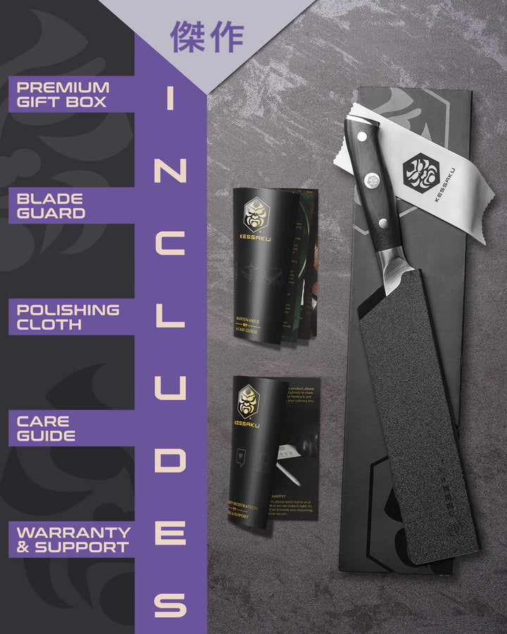 The Kessaku Dynasty Nakiri Knife comes in a premium gift box with a blade guard, polishing cloth, care guide, and warranty & support booklet