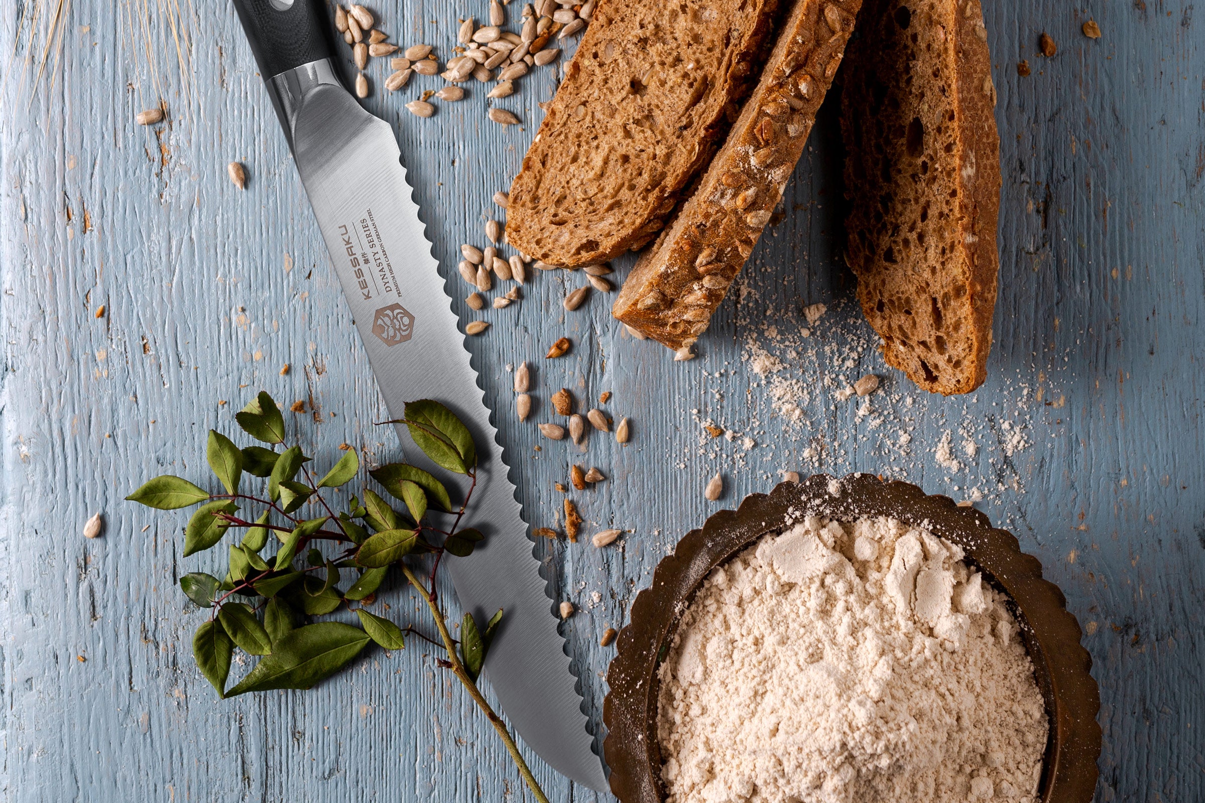 The Dynasty Bread Knife after slicing a loaf of bread.