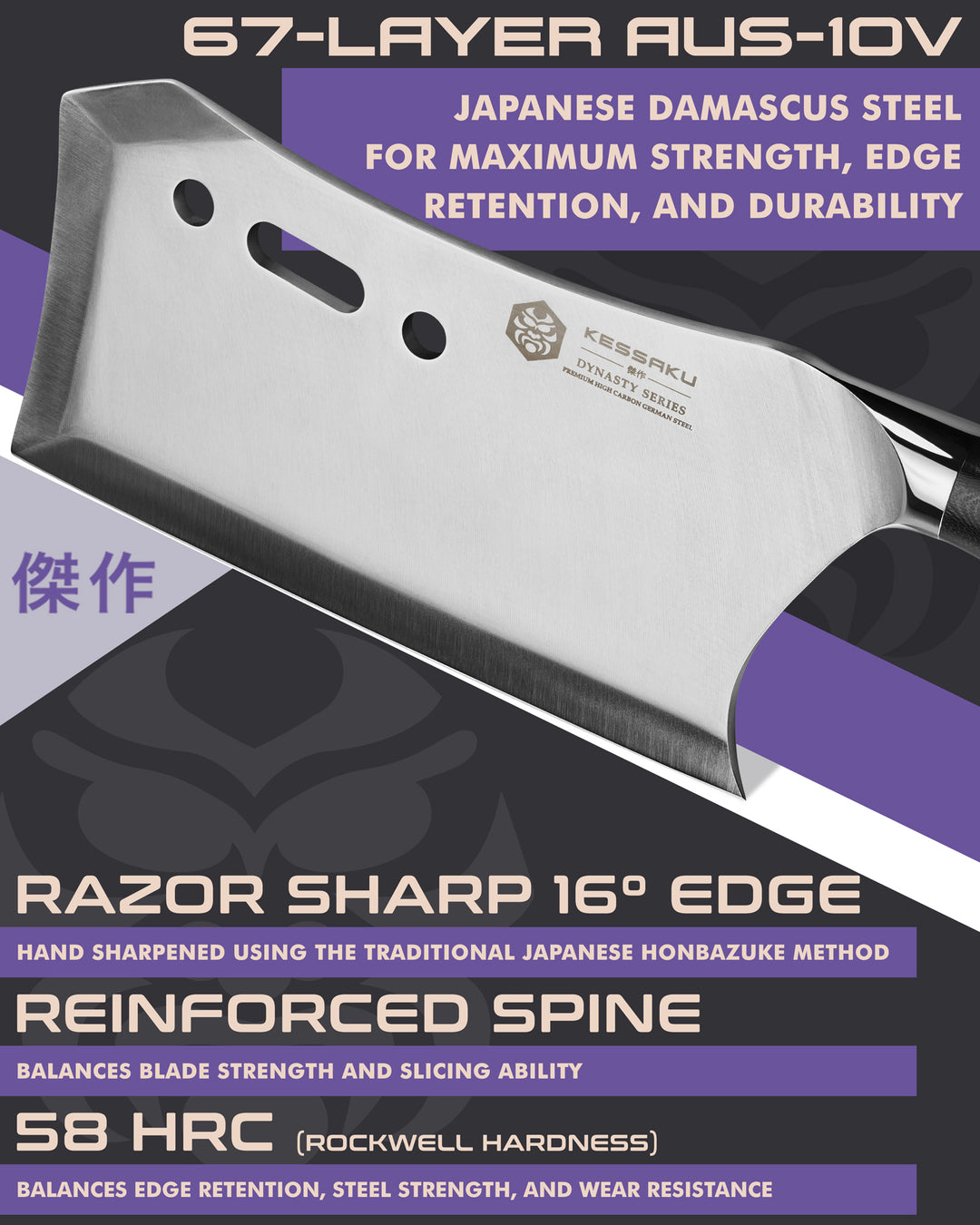 Kessaku Dynasty Butcher Knife blade features: 1.4116 German steel, 58 HRC, sharpened to 16 degrees, reinforced spine