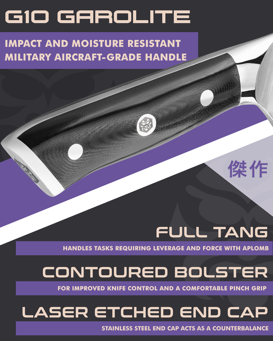 Kessaku Dynasty Butcher Knife handle features: G10 handle, full tang, contoured bolster, laser etched end cap