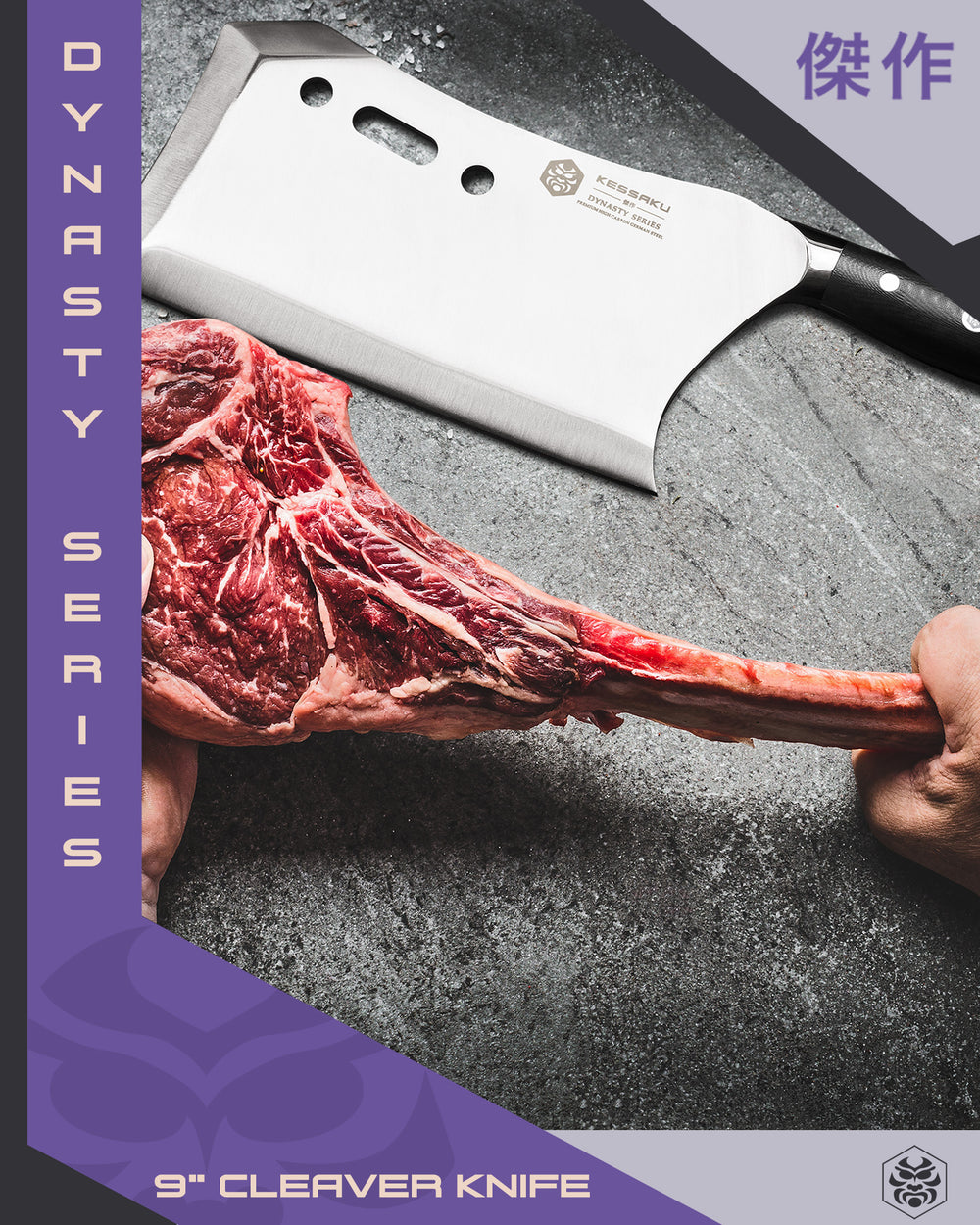 A butcher holds a large tomahawk steak separated with the Dynasty Annihilator Butcher Knife