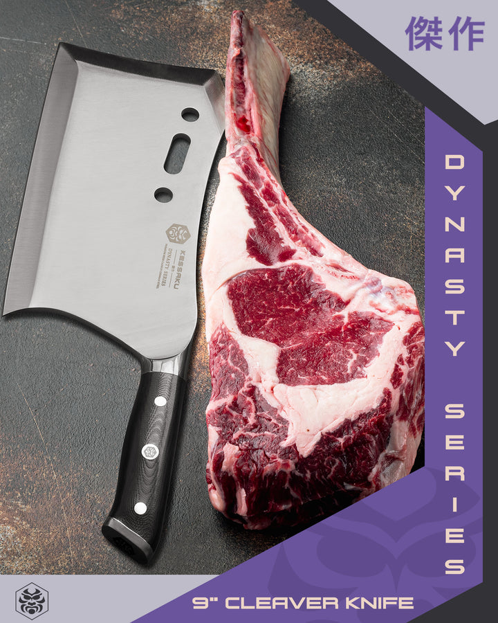 The Dynasty Annihilator Cleaver Knife next to a trimmed tomahawk steak. 