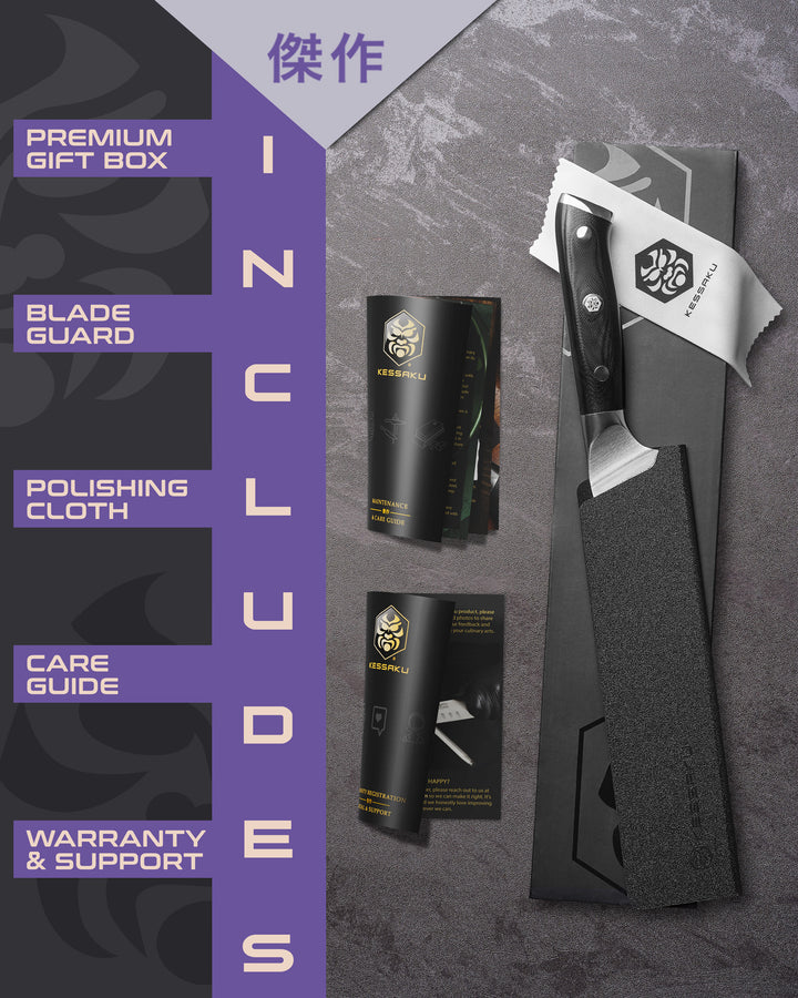 The Kessaku Dynasty Offset Bread Knife comes in a premium gift box with a blade guard, polishing cloth, care guide, and warranty & support booklet