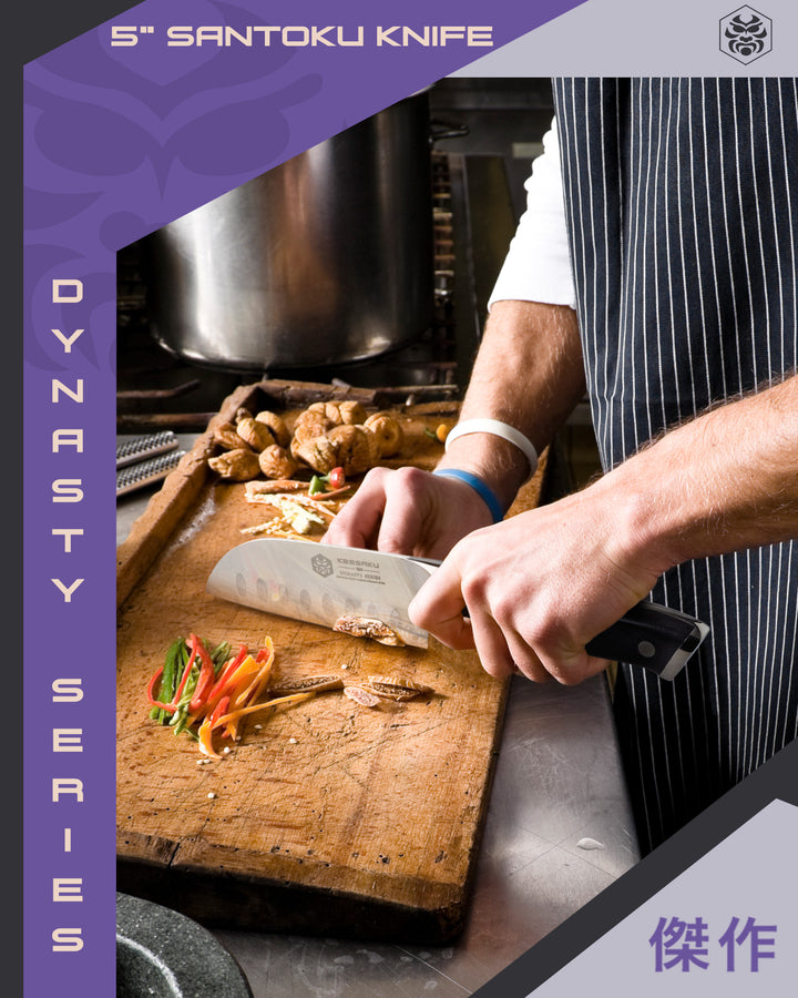 A chef slices finely peppers and mushroom with the Dynasty Santoku Knife
