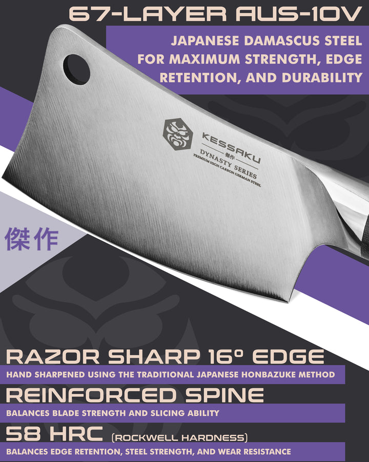 Kessaku Dynasty Mini Cleaver Knife blade features: 1.4116 German steel, 58 HRC, sharpened to 16 degrees per side, reinforced spine
