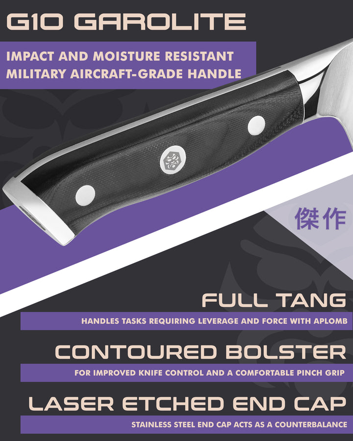 Kessaku Dynasty Mini Cleaver Knife handle features: G10 handle, full tang, contoured bolster, laser etched end cap