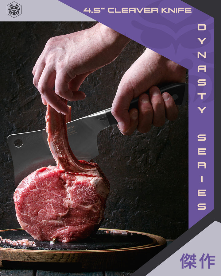 A chef prepares to chop in half a small boned cut of steak